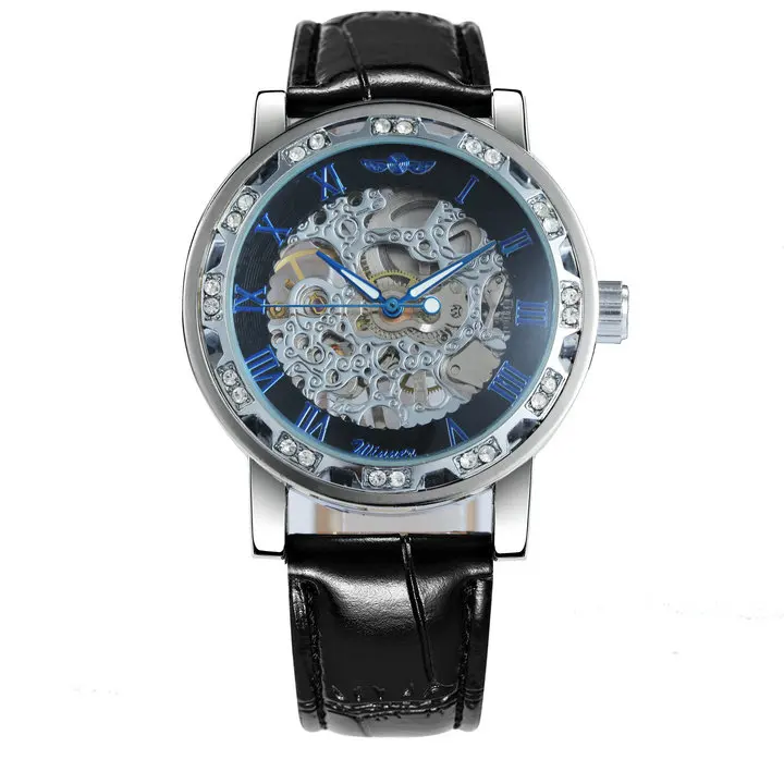 BLUE BLACK SILVER WINNER официальный бренд роскошные часы мужские Скелет механические часы Кристалл Iced Out Кожаный ремешок наручные часы подарок для влюбленных - Цвет: BLUE BLACK SILVER
