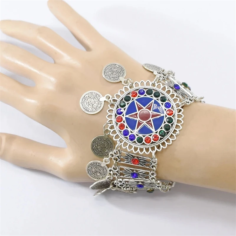 

Vintage Silver Color Metal Coin Tassel Bracelets for Women Crystal Statement Bracelet Ethnic India Tribal Party Gypsy Jewelry