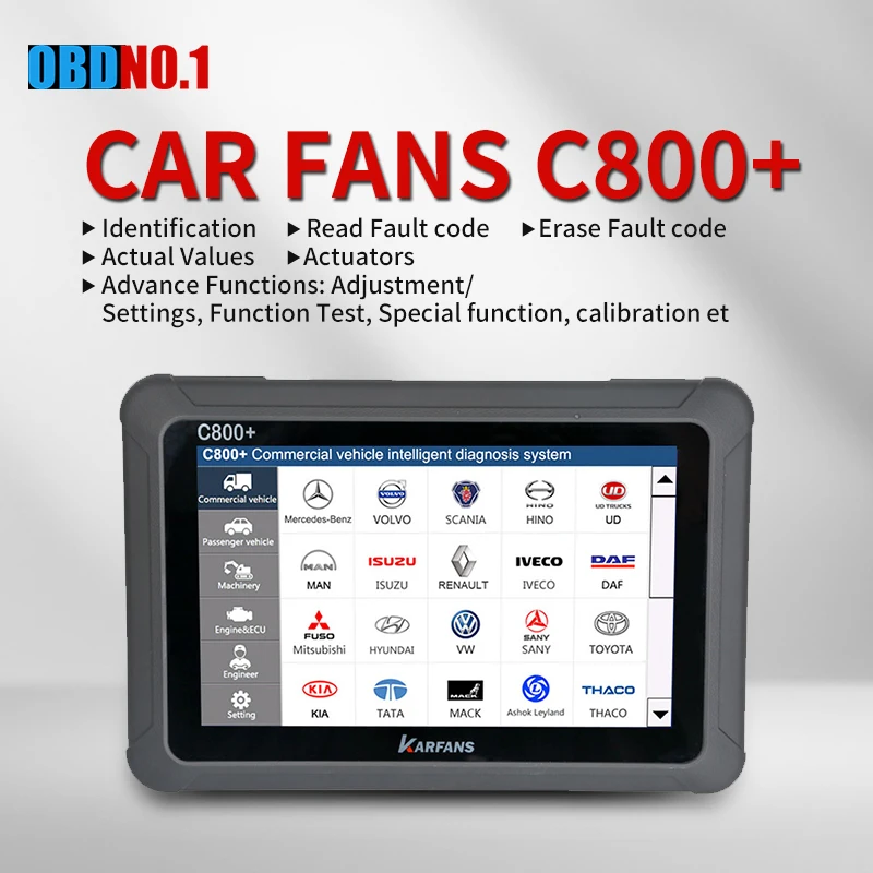 Диагностический инструмент для коммерческих легковых автомобилей и механизмов на дизельном и бензиновом топливе 2020 CAR FANS C800+.