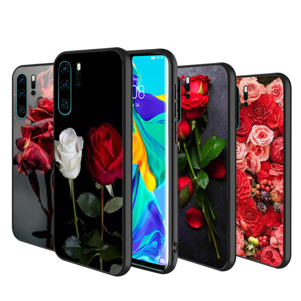 

For Huawei Mate 10 20 X 5G 30 40 RS Lite P Smart Pro Plus 2018 2019 2020 2021 Z S Beautiful Red Roses Black Phone Case