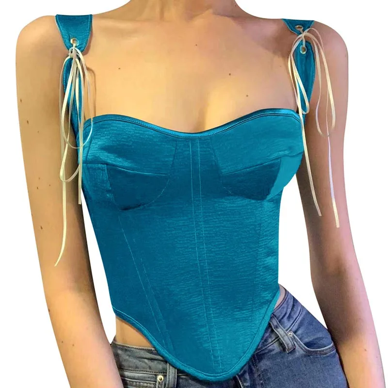 

2022 Spring Women Sexy Crop Tank Tops Solid Black Satin Tshirts Club V-Neck Corset Summer Party Bodycon Spaghetti Strap Camis
