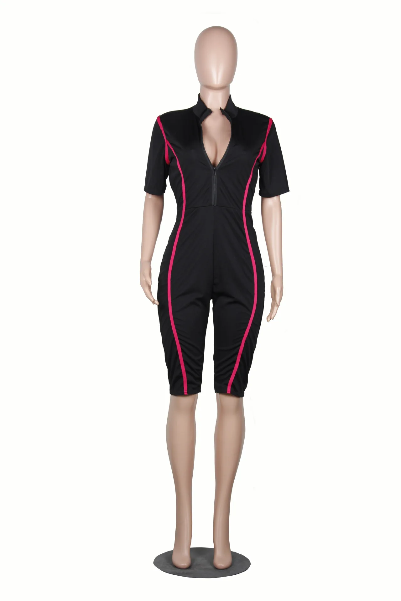 

Moto & Biker Style Casual Striped Knee-length Jumpsuit Sexy Women Deep V Neck Short Sleeve Skinny Playsuit Femme Catsuit