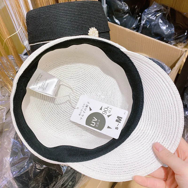 

202103-xuxu new summer japan style pearl flower chain paper straw leisure Octagonal hat women visors cap