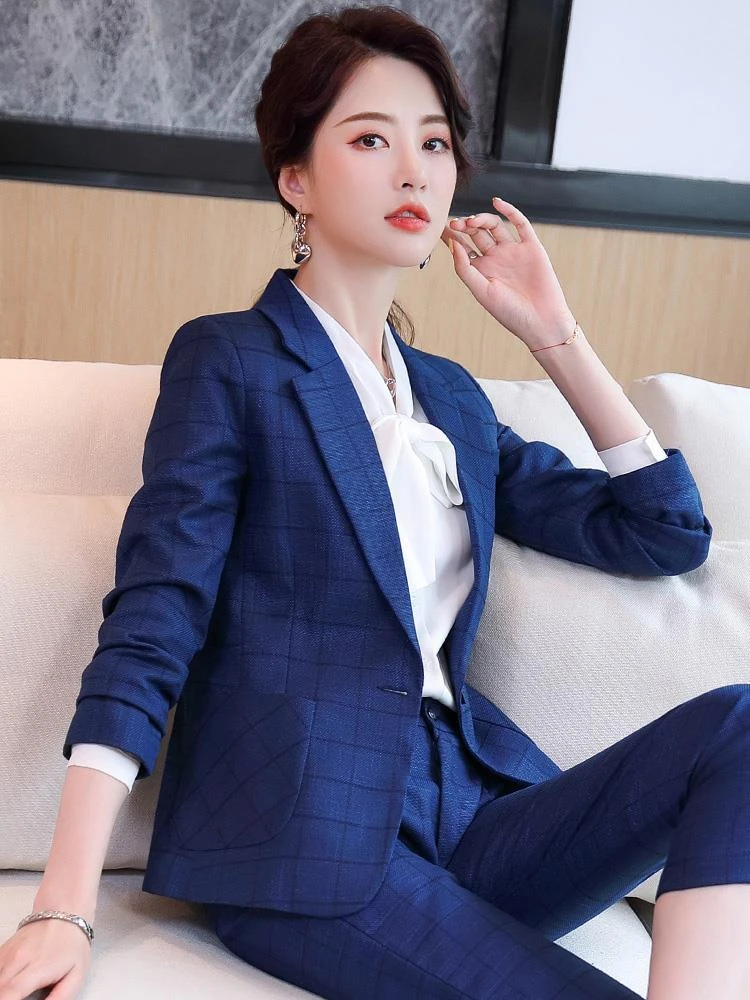 

Женские деловые костюмы из высококачественной ткани, элегантные клетчатые костюмы с брюками и курткой, пальто, осенне-зимние брючные костю...