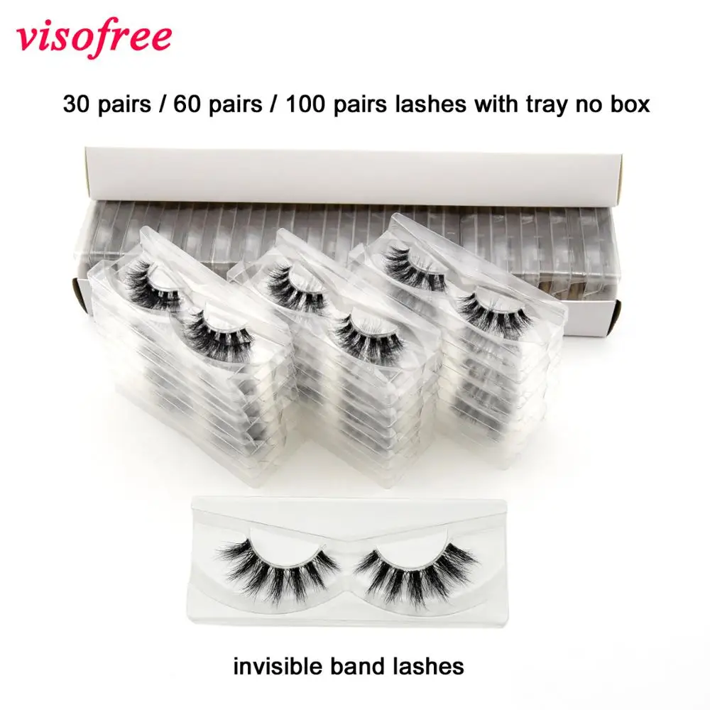30/60/100 Pairs Lashes With Tray No Box 3D Mink Eyelashes Invisible Band Lashes Natural Long Transparent Band Lashes 3D Lashes
