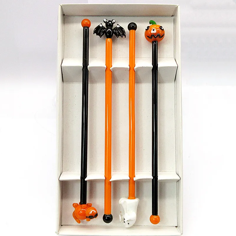 Handmade Cat, pumpkin, ghost, bat figurines decorative glass cocktail sticks Halloween party stirring rod glass swizzle stick
