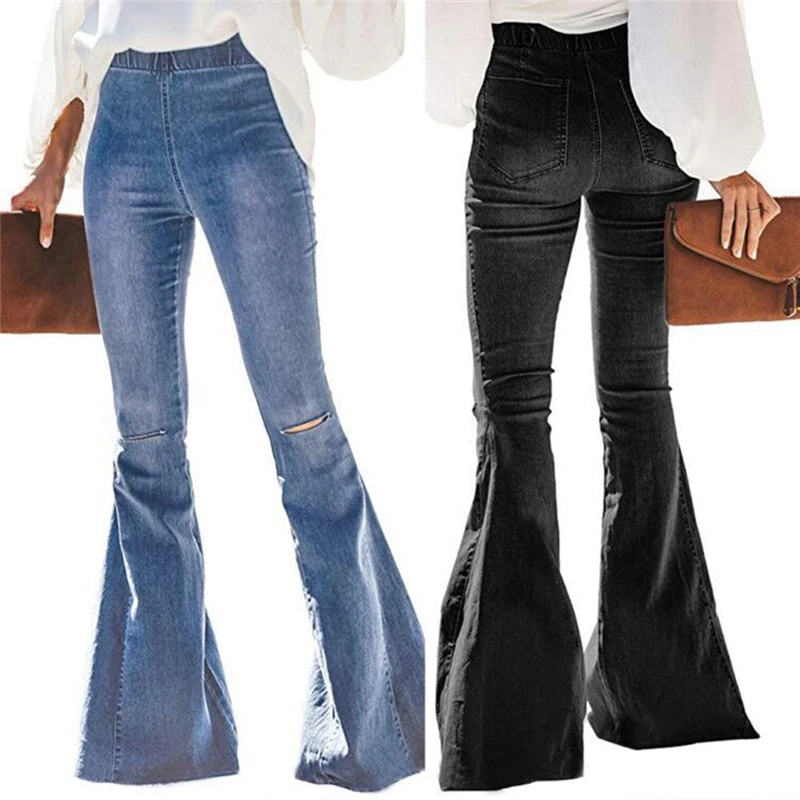 

Plus Size Vintage Knee Hole Ripped Long Flare Denim Pants Lady Wide Leg Jeans High Waist Big Bell Bottom Trousers For Women