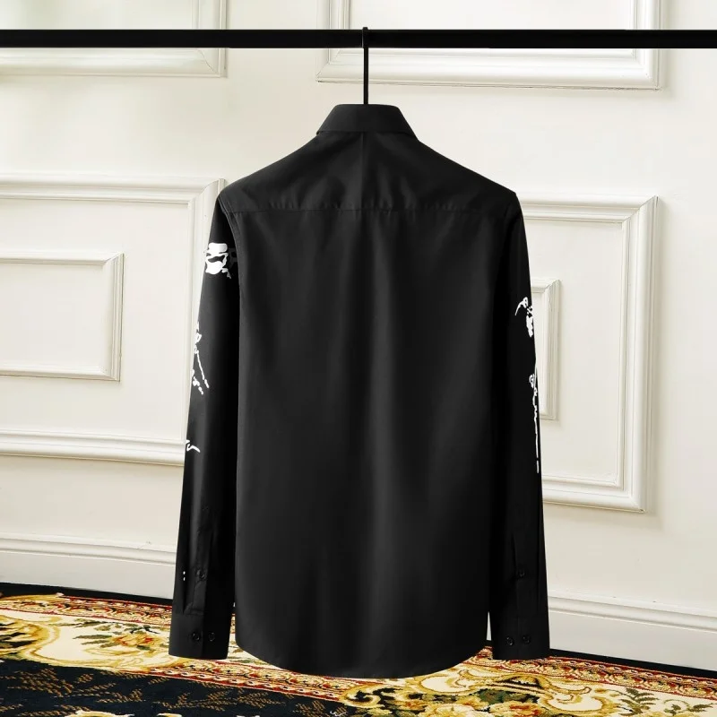 Mens New Business Smart Casual Shirt Black White Printed Fashion Tops Turn-Down Collar Long Sleeve Slim Fit Formal Dress Shirts