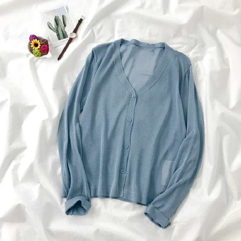 

Ice Silk Knitted Cardigan Women Korean Style Long Sleeve Tops Summer Thin Sun Protection Shirts Jacket 10 Colors