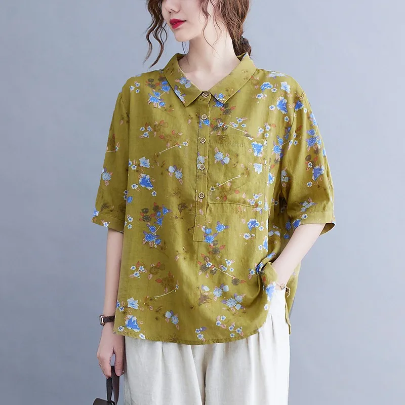 

Women Cotton Linen Casual Shirts New Arrival 2021 Summer Vintage Style Floral Print Loose Thin Female Half Sleeve Tops B812