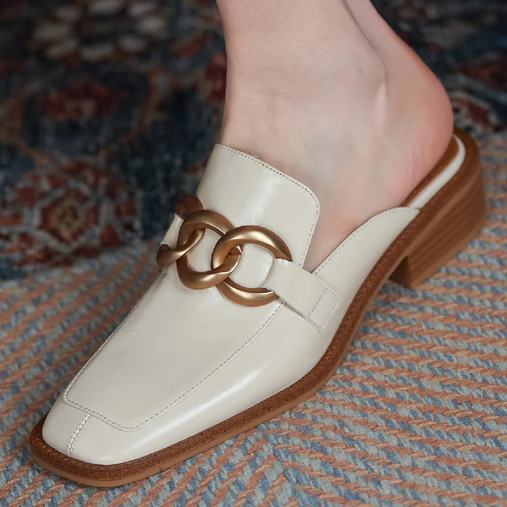 

Women's genuine leather square toe slip-on flats mules 2021 spring new chain decoration casual slides comfortable shoes women