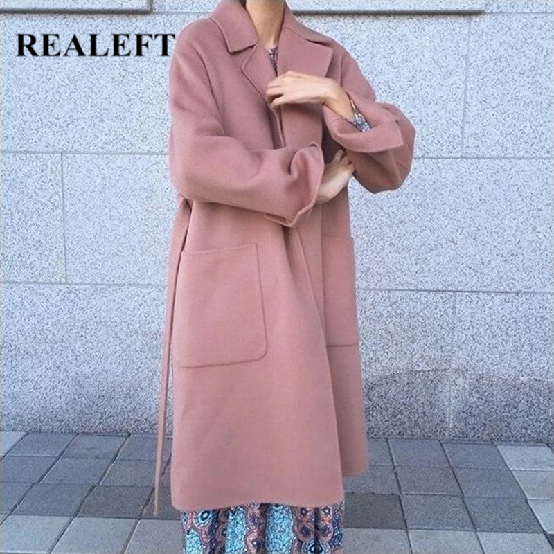 

REALEFT 2020 новое зимнее женское элегантное шерстяное длинное пальто с поясом и отложным воротником минималистичный кардиган оверсайз женская ...