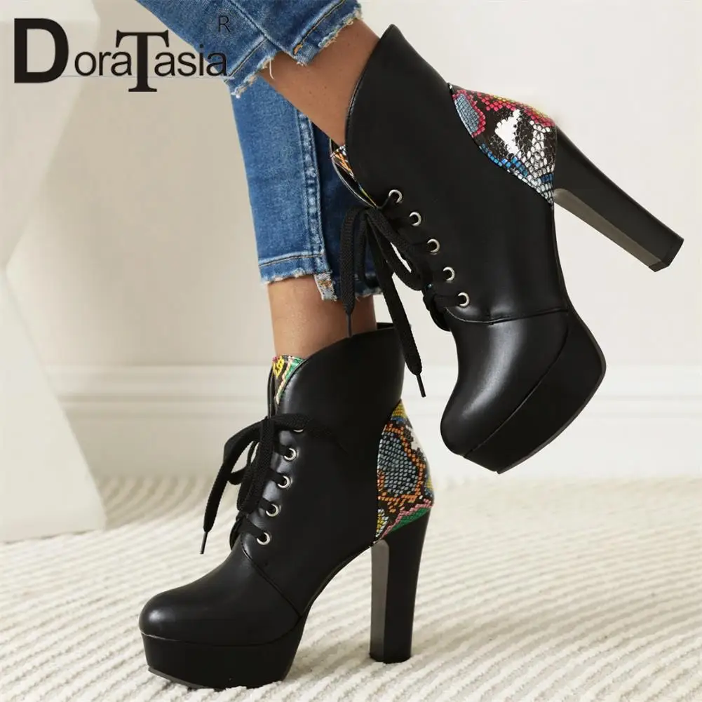 

Big Size 35-43 Brand New Ladies Thick High Heels Booties Fashion Colorful Lace-up Platform Boots Women Party OL Sexy Shoes Woman