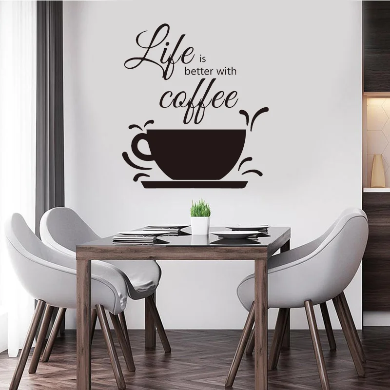 

Life Is Better with Coffee Quotes Kitchen Wall Stickers Vinyl Home Decor for Cafe Shop Fashion Coffee Cup Decals Wallpaper D581