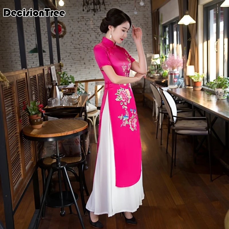 Розовый вьетнамский aodai Китайская традиционная одежда для женщин Ципао китайское восточное платье современный cheongsam ao dai