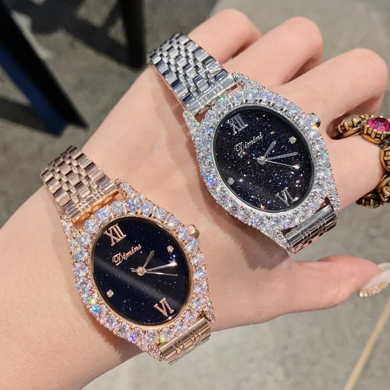 Часы женские кварцевые из нержавеющей стали овальные наручные с бриллиантами