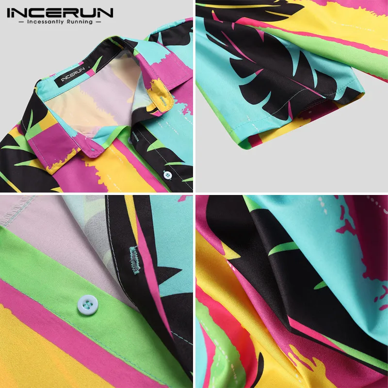 

Men Printed Shirts Short Sleeve Lapel Neck Chemise Fashion Striped Floral Camisa Man Holiday Beach Button Up Blusas 3XL INCERUN