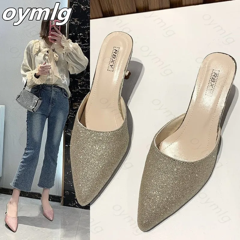 Шлепанцы без задника с открытыми пальцами Женские туфли пяток на высоких