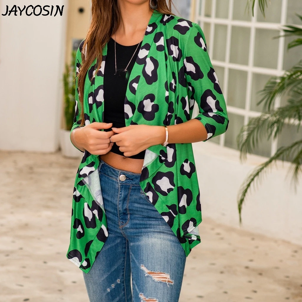 JAYCOSIN 2020 New Arrival Fashion Women Coat Leopard Print 3/4 Sleeve Irregular Cardigan Open Front Sun Protection Jacket |