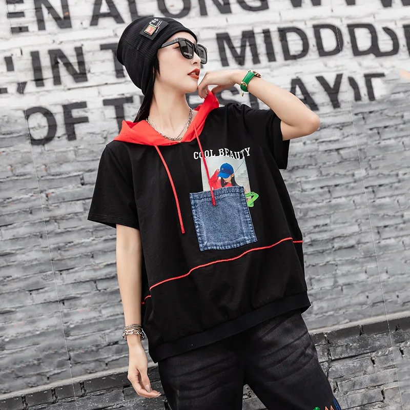 

2021 Summer New Streetwear Denim Sticker Printing Short Sleeve Pullovers Hooded Contrast T-shirt Loose Tees And Tops 5254
