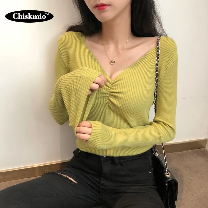 

Chiskmio Solid Color Women Sweater V-neck Long Sleeve Knit Pullover Korean Slim Knitting Tops Ladies Bottoming Knitwear Harajuku