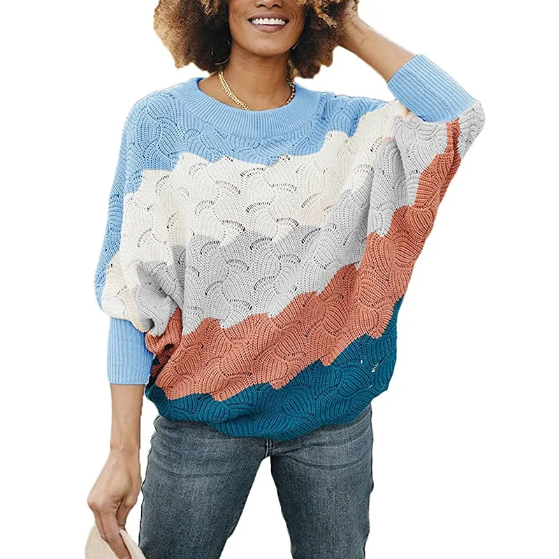 

2021 Autumn Womens Winter Sweaters Colliding with Color Hollow Knit Sweater Bat Sleeve Sweater Female Vintage Sweater