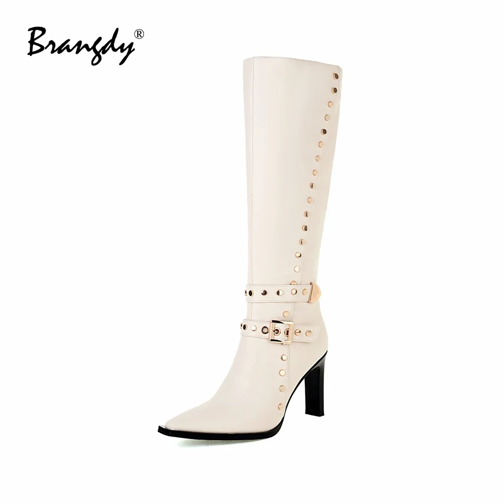 Brangdy Fashion Women Knee Hight Boots PU Leather Belt Buckle Rivet Women Winter Shoes Square Toe Zipper Women Square Heel Pumps
