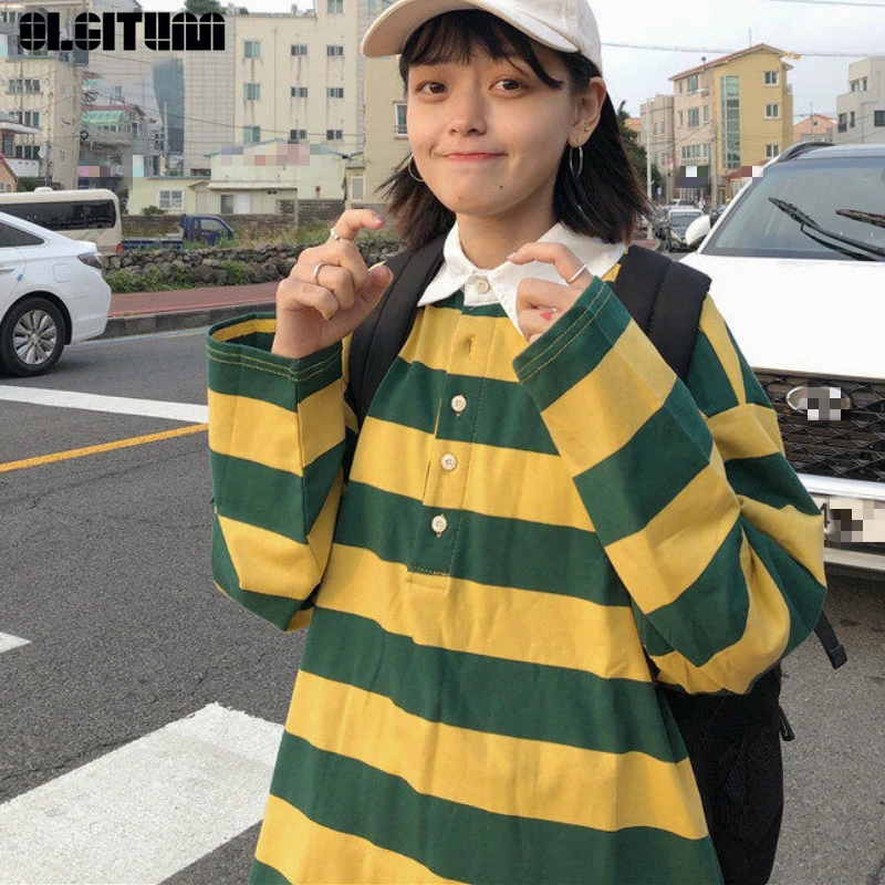 

Ins Casual Fashion Contrast Color Striped Patchwork Long Sleeve T-Shirt Turn Down Collar Long Sleeve Button Tees Casual Top