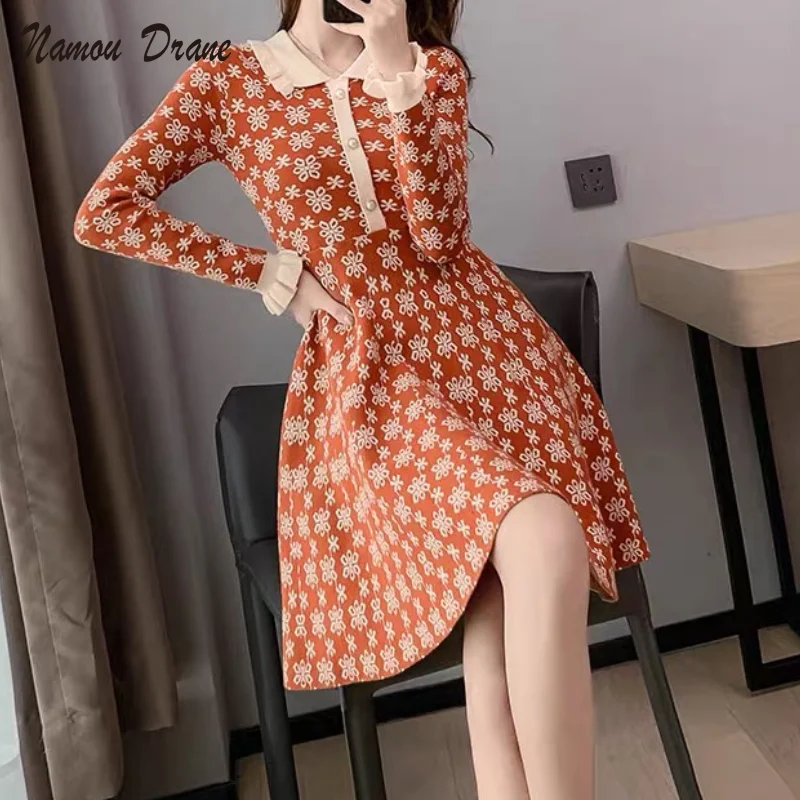 

Namou Drane 2021Spring and Autumn New Korean Temperament Doll Collar High Waist Slim Long-sleeved Knitted Bottoming Dress Female