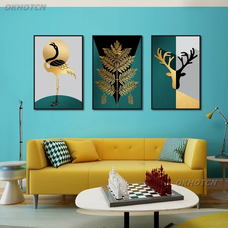 Современная Абстрактная Картина на холсте в скандинавском стиле с золотыми