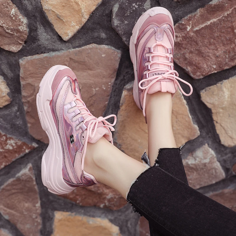 2019 женские кроссовки на толстой подошве сезон весна осень сетчатая дышащая обувь