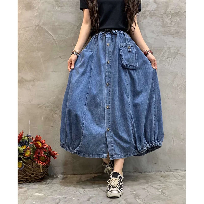 

Max LuLu 2021 New Style Summer Female Blue Denim A-Line Skirts Women Vintage Long Skirt Ladies Button Casual Clothes Big Size
