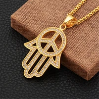 hamsa necklace golden necklace hand of fatima stainless steel peace love sign anti war symbol pendant with zircon for men women