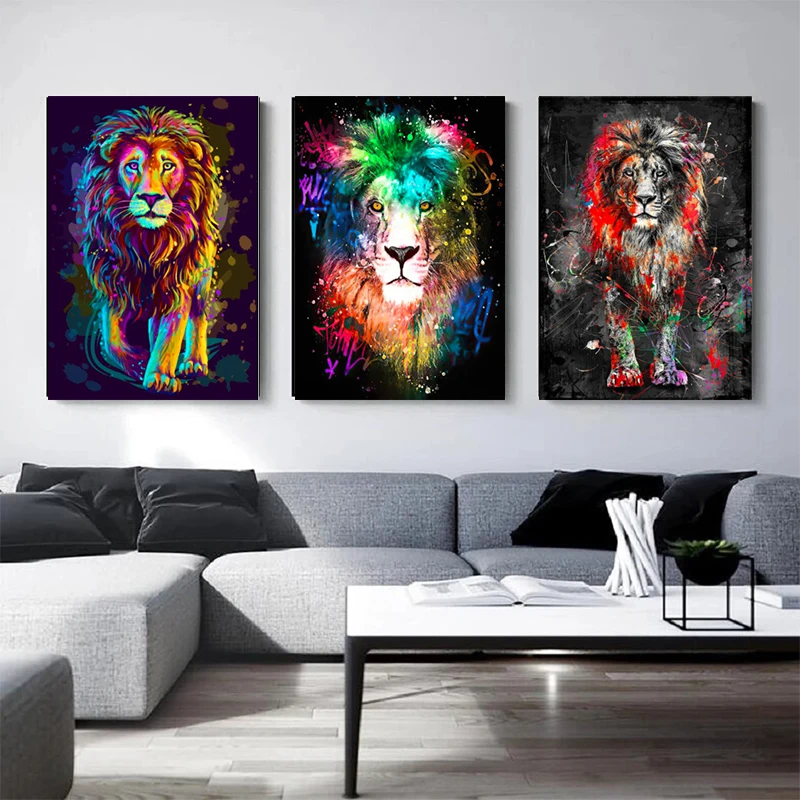 

Abstract Lions Oil Framed Canvas Paintings Graffiti Art Colorful Modern Wildlife Decoraive Poster Print for Home Christmas Gift