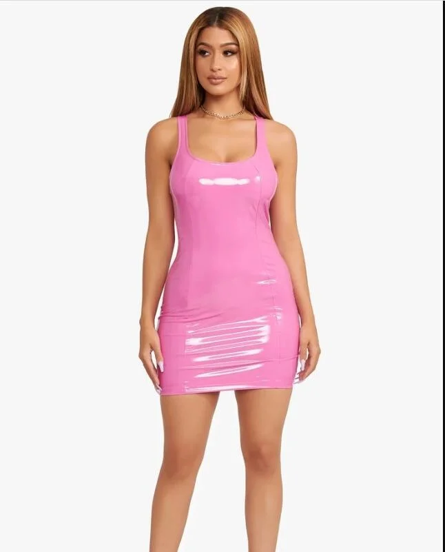 

Sexy Pink PU Leather Dress New Summer Women Low Cut Back Zipper Elastic Mini Dress Party Club Dresses Vestido