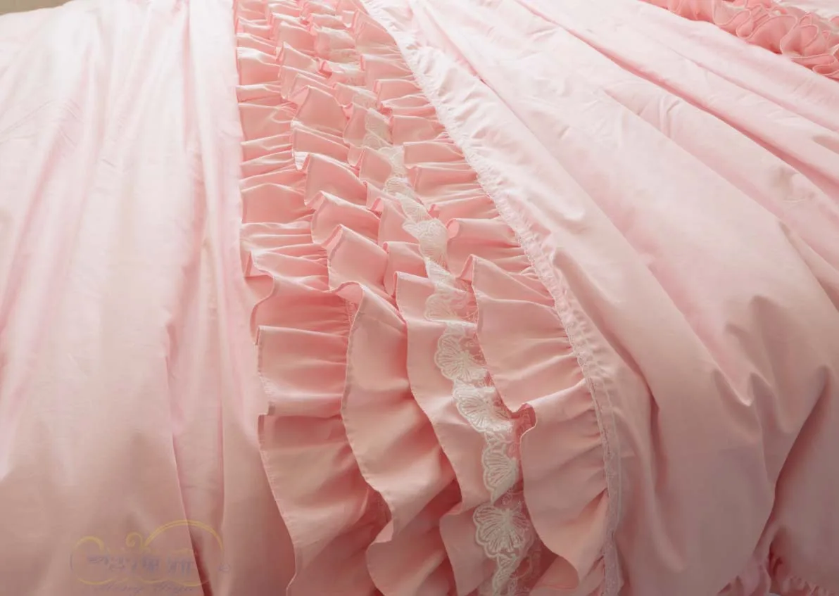 Комплект постельного белья розовый хлопок саржа Корейская принцесса оборки слой