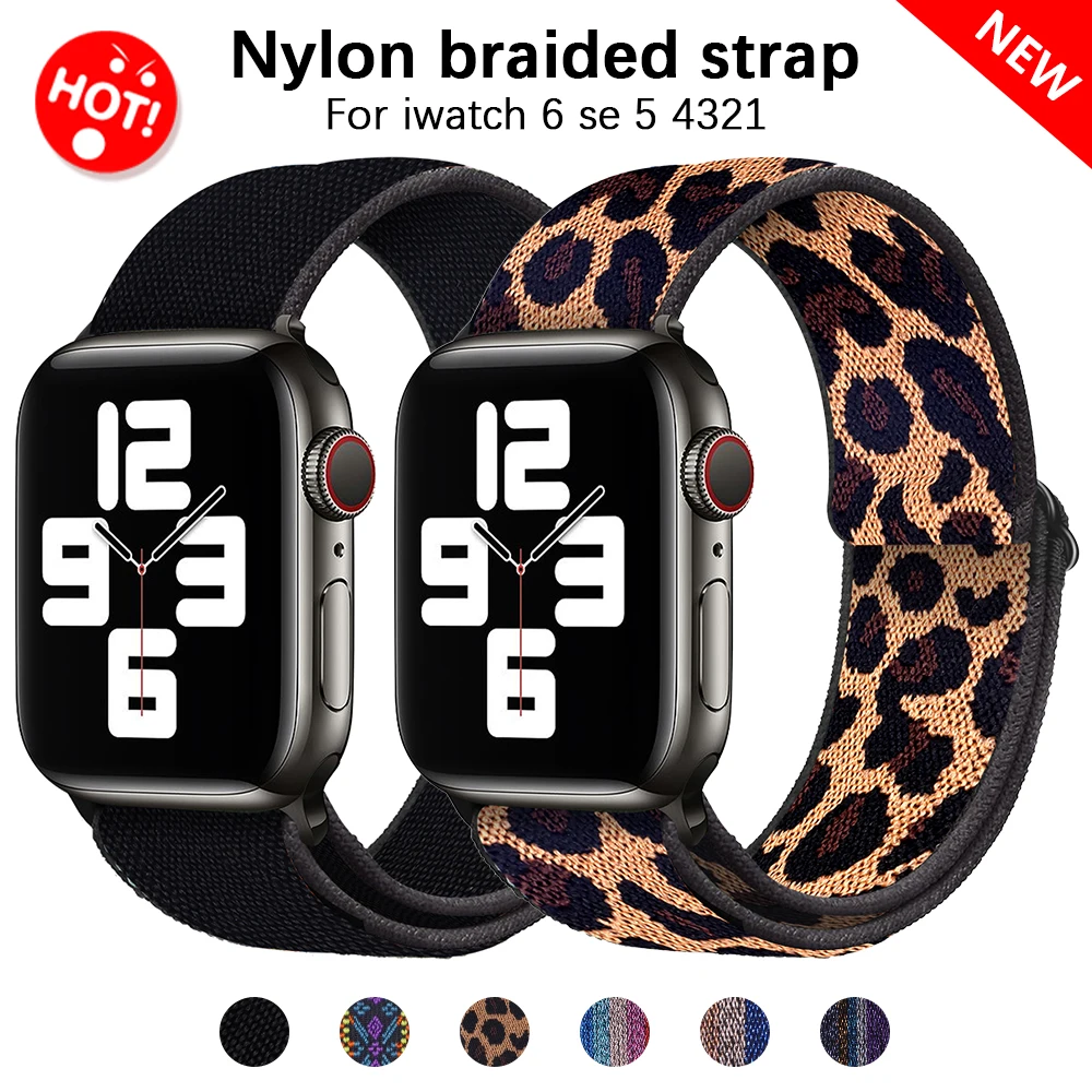 

Soft Comfortable Nylon Loop elastic buckle Apple watch band 38mm 42mm Series 6 SE 54321 Leopard Strap For iWatch braid 44mm 40mm