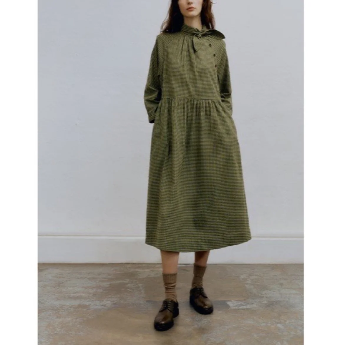 

Зеленое клетчатое платье из 100% хлопка с бантом для женщин