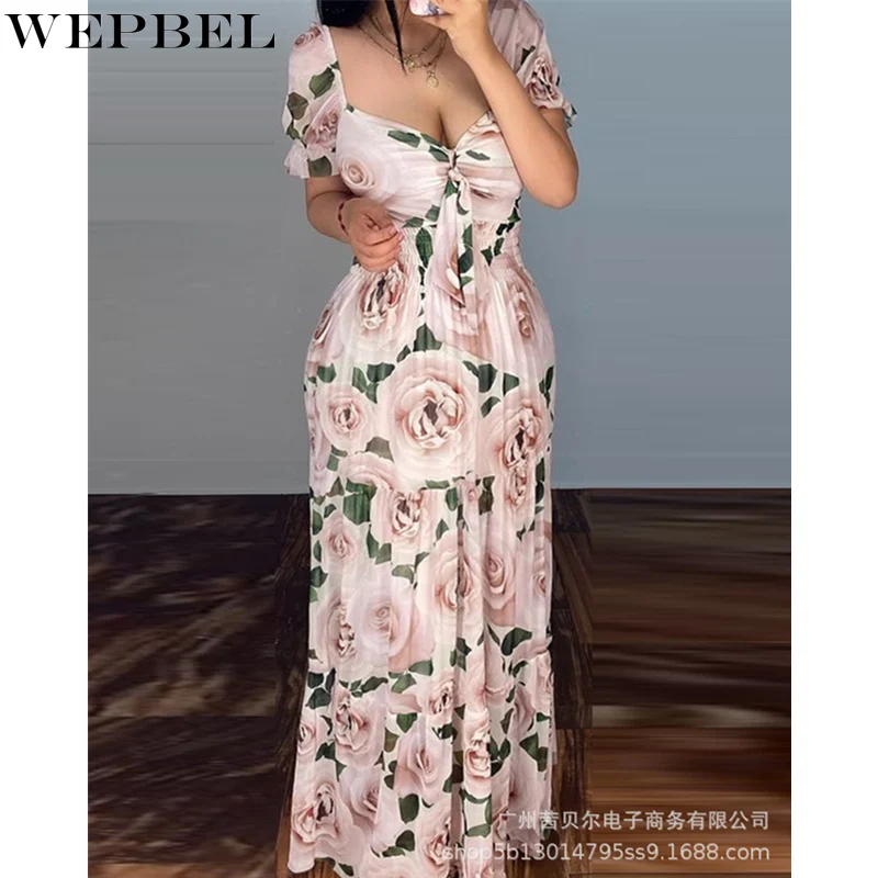 

WEPBEL элегантное женское летнее Цветочный принт длинное платье женское сексуальное с коротким рукавом v-образный вырез корсет со шнуровкой В...