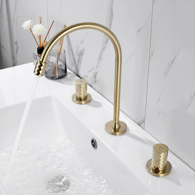 

Basin Faucets Mixer Brushed Gold Brass Bathroom Sink Faucet 3 Hole Widespread Basin Mixer Double Handle Hot And Cold Water Taps