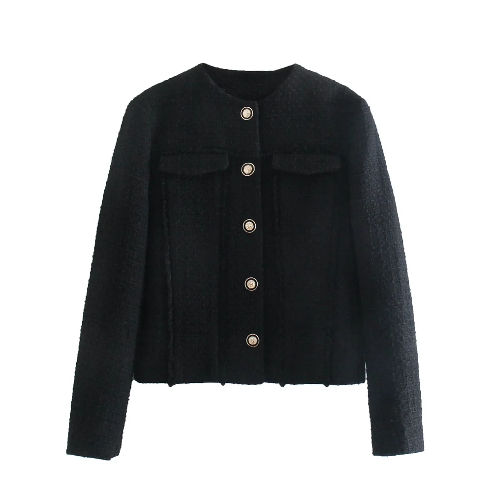 

Blazers For Women Elegant 2022 Round Neck Single Breasted Office Tweed Blazer Long Sleeve Back Frayed Trim Black Blazer Jacket