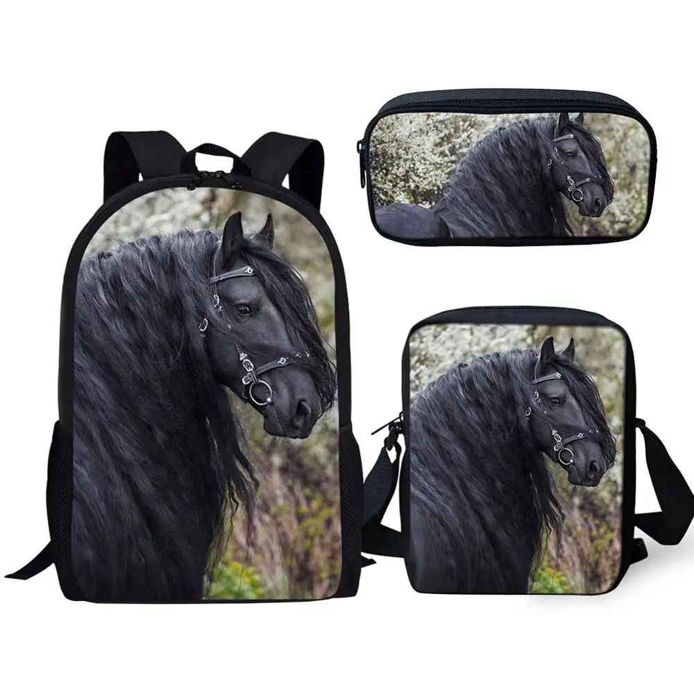 HALYUNASC 3PCs/Set Children's School Backpack Friesian Pattern School Bags Beautiful Horse Design Teenagers Book-Bags Set