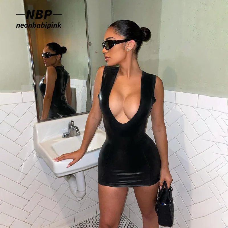 

NEONBABIPINK Pu Patent Leather Black Bodycon Dresses Sexy Club Outfits for Women Deep V-neck Sleeveless Mini Dress N95-CC15