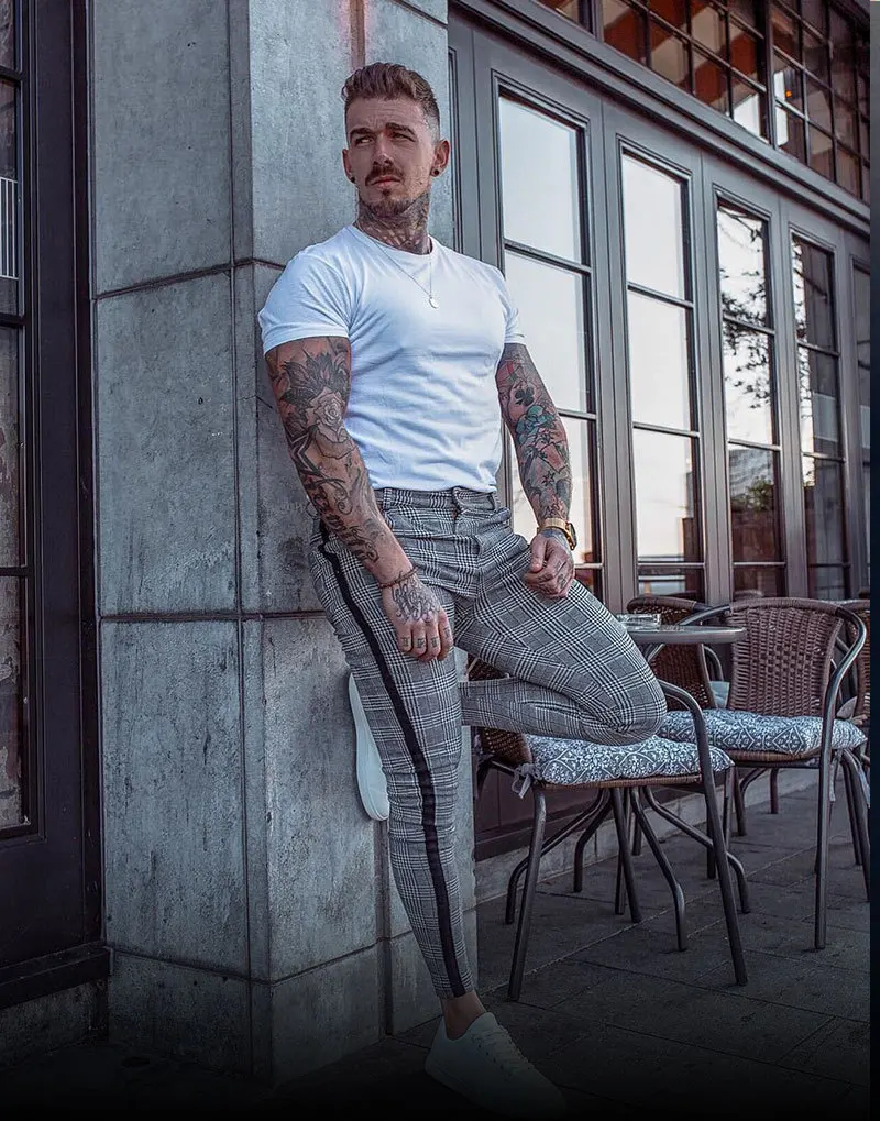 2019 новые клетчатые брюки мужские больших размеров в клетку обтягивающие