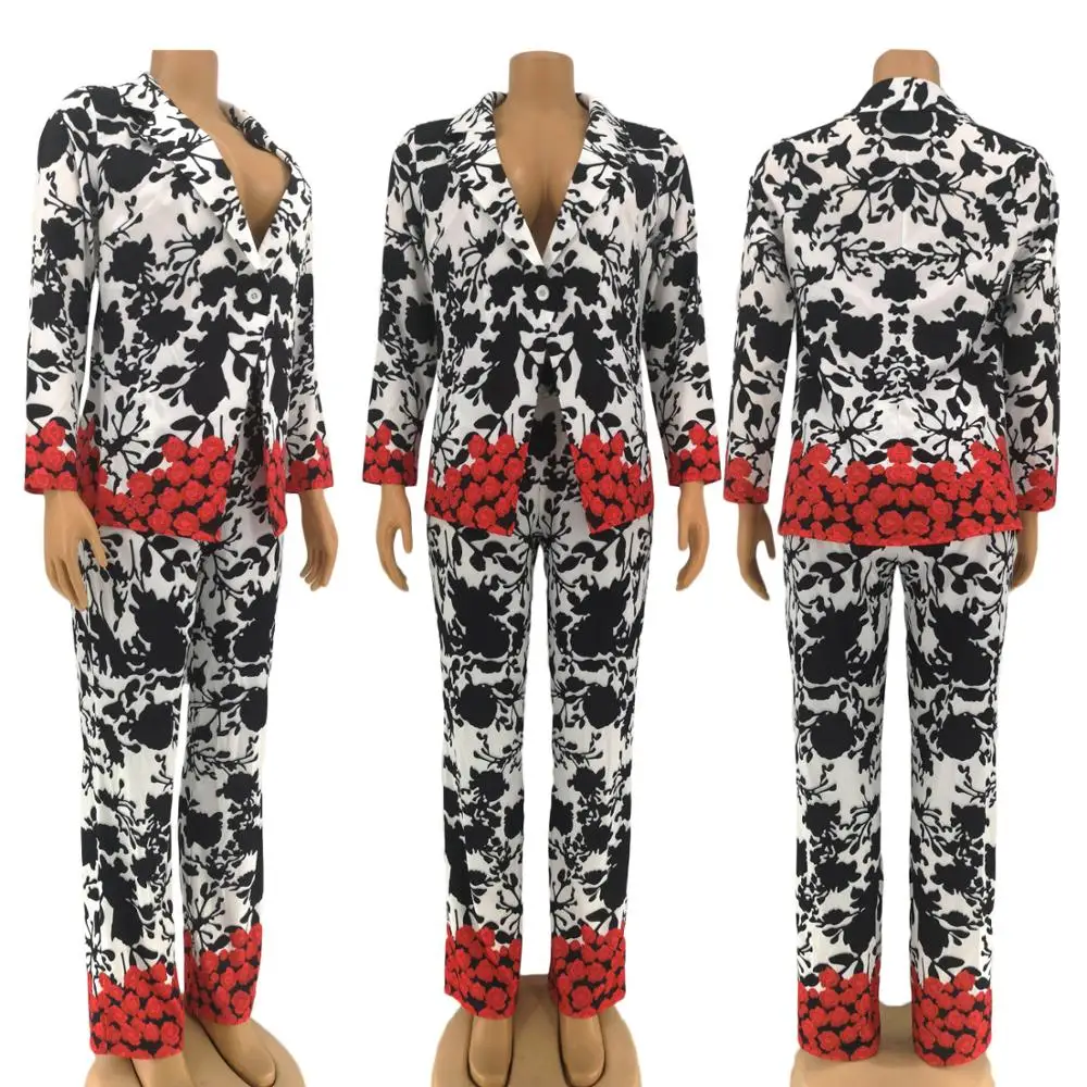 

Floral Printing Women Casual Two Piece Sets 2020 Autumn Winter Lady High Waist Wide-Leg Pants + Single Button Suit Coats Outfits