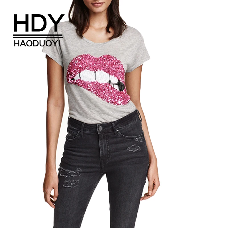 Фото HDY Haoduoyi бренд 2018 серая Блестящая футболка с коротким рукавом женская