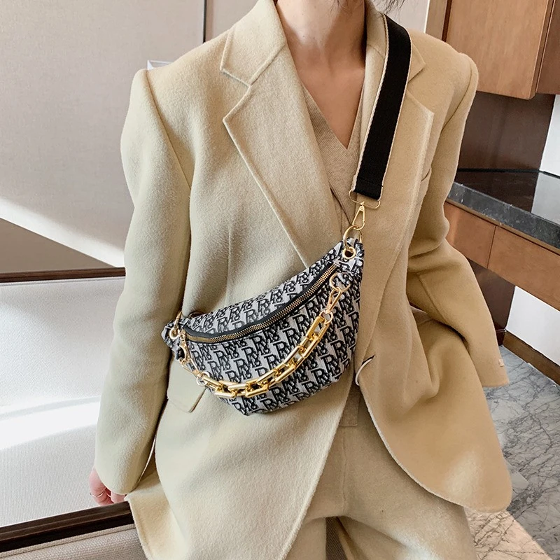

Golden Chain Fanny Pack Women Leather Waist Bag Luxury Chest Pack Mini Female Belt Bags Fashion Ladies Shoulder Crossbody Pouch
