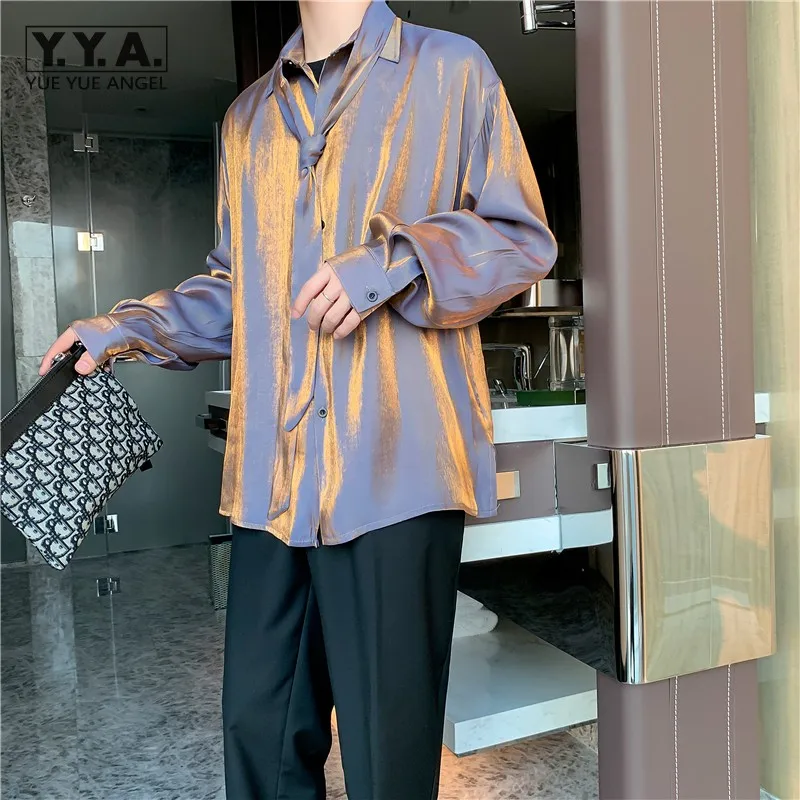 Модные блестящие пикантные мужские топы для ночного клуба Свободная рубашка с