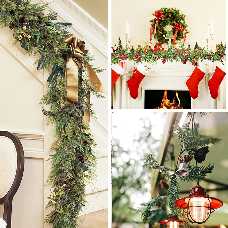 150cm Christmas Wreath Rattan Artificial Vine Hanging Floral Garland Christmas Decorations for Home Xmas Fireplace Door Decor