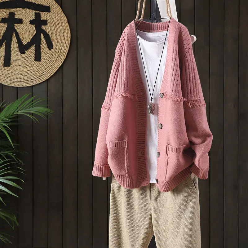 

Spring and Autumn Loose Wild Pure Color Casual Korean Fashion Long Sleeve Buttoned Knit Cardigan Women's Sweater Jacket Top
